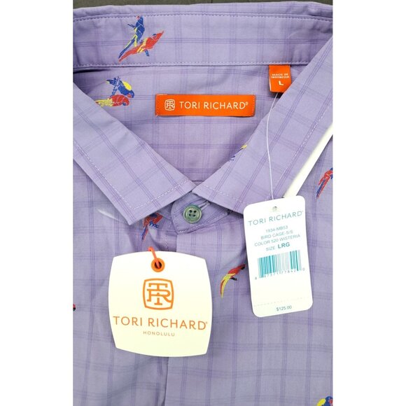 Tori Richard Bird Cage Parrot Embroidered Short Sleeve Shirt Men Large Purple - Picture 4 of 8